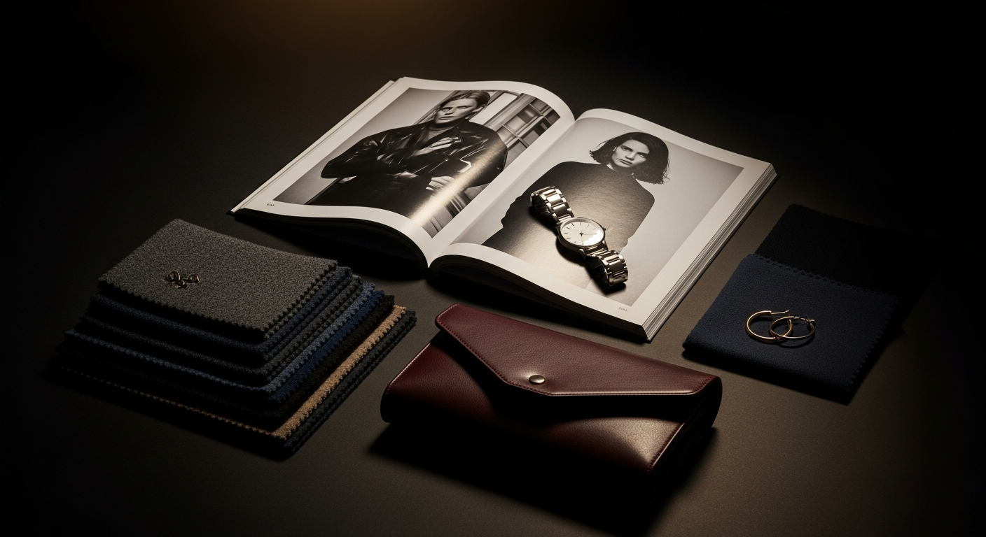 Fashion editorial materials and accessories on dark surface