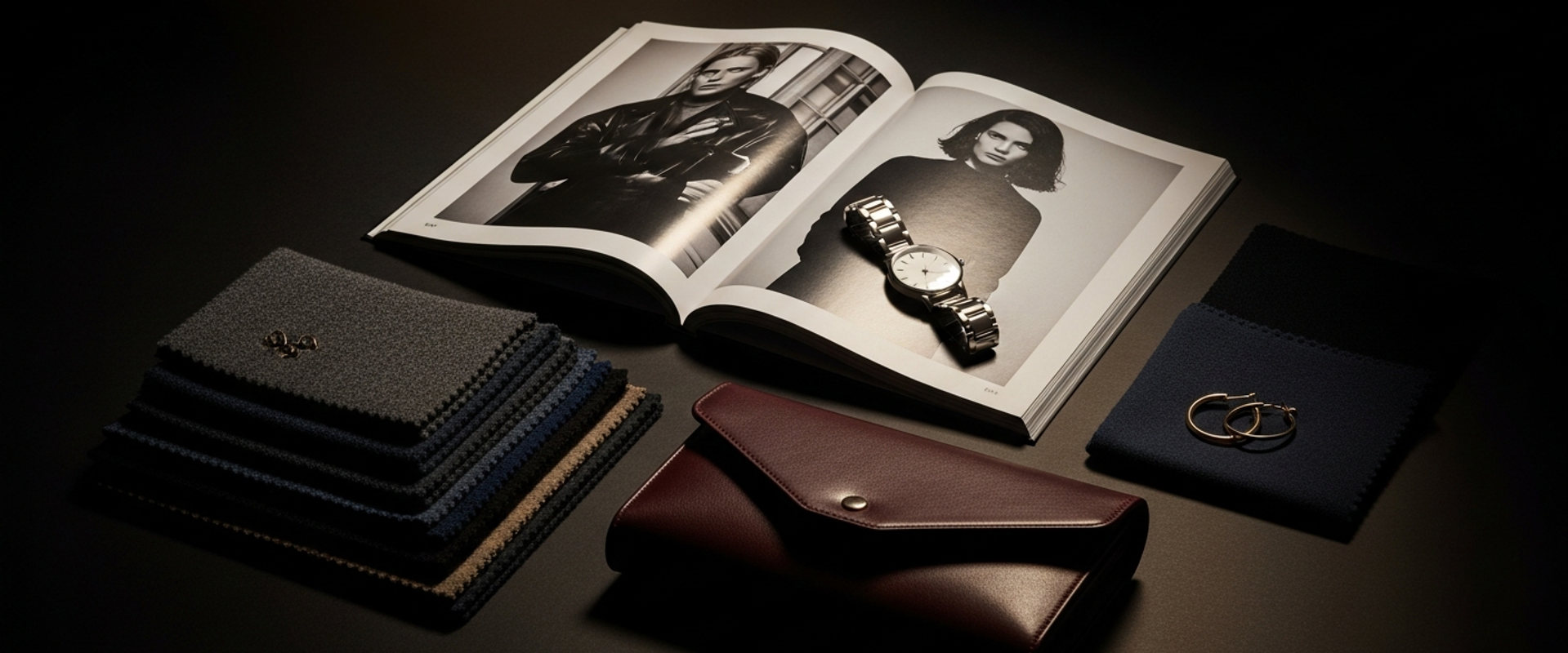 Fashion editorial materials and accessories on dark surface