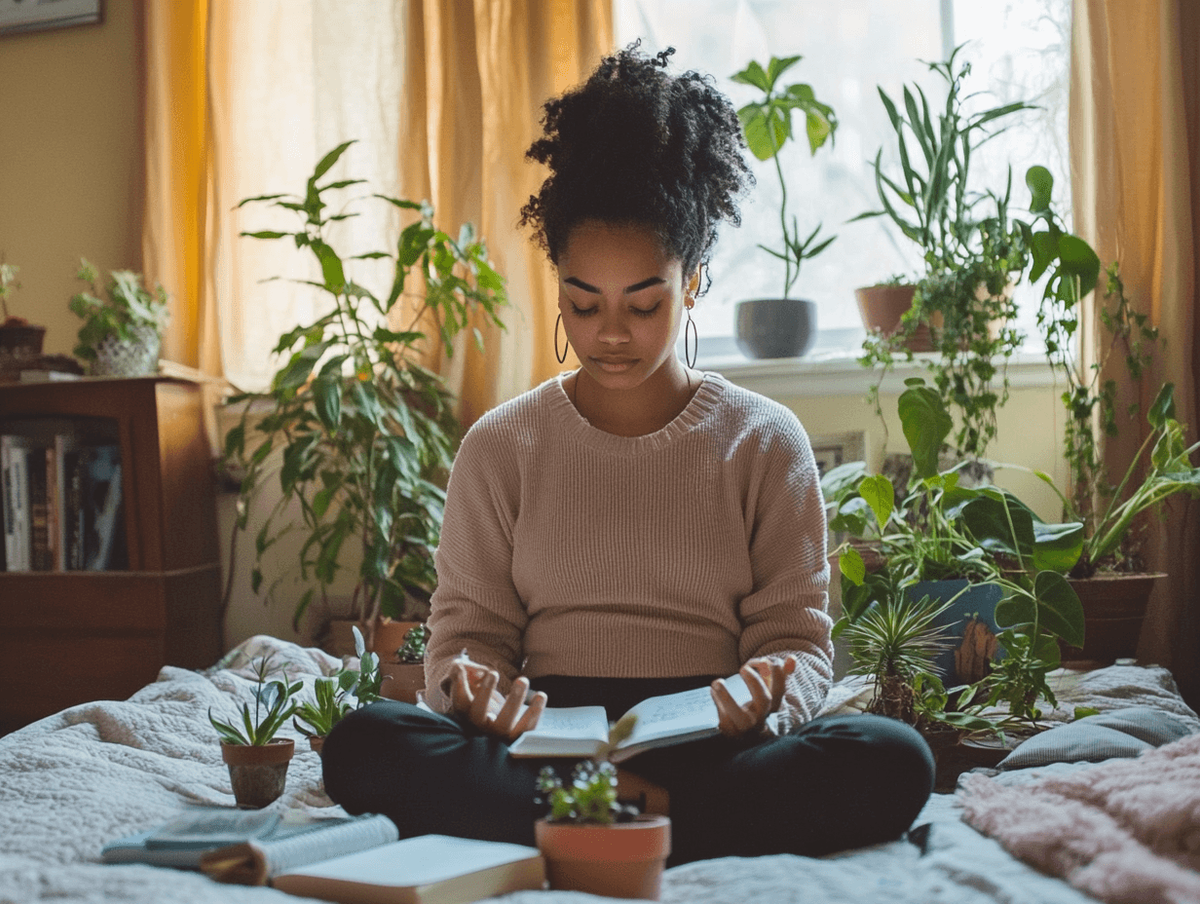 Person reading on bed surrounded by plants.