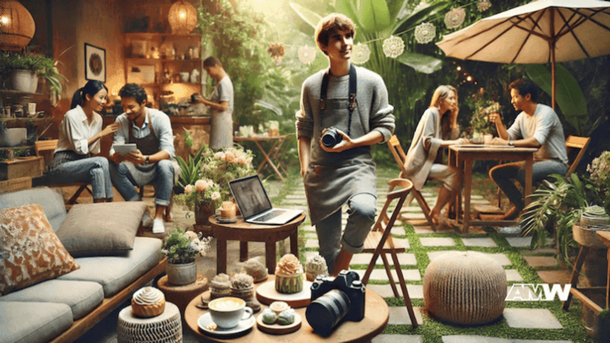 People enjoying coffee and pastries in garden cafe.