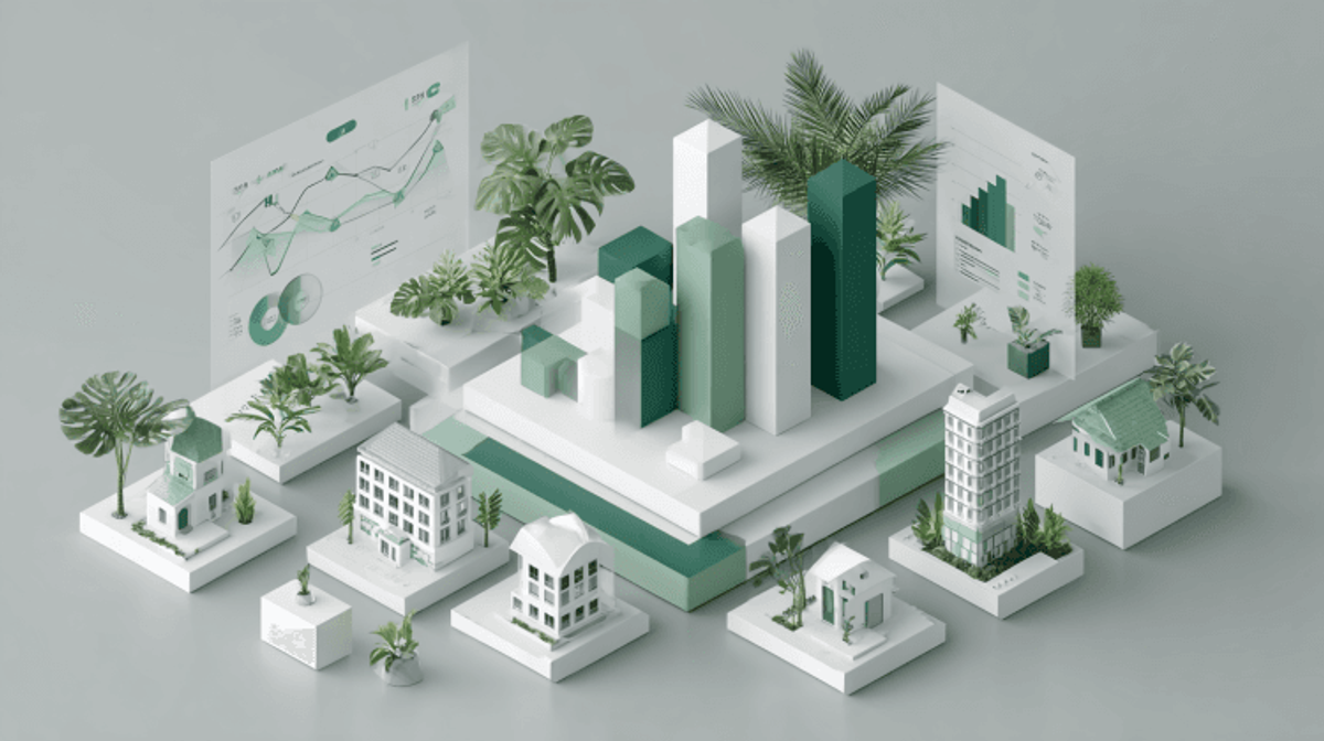 Green cityscape with graphs and plants illustration