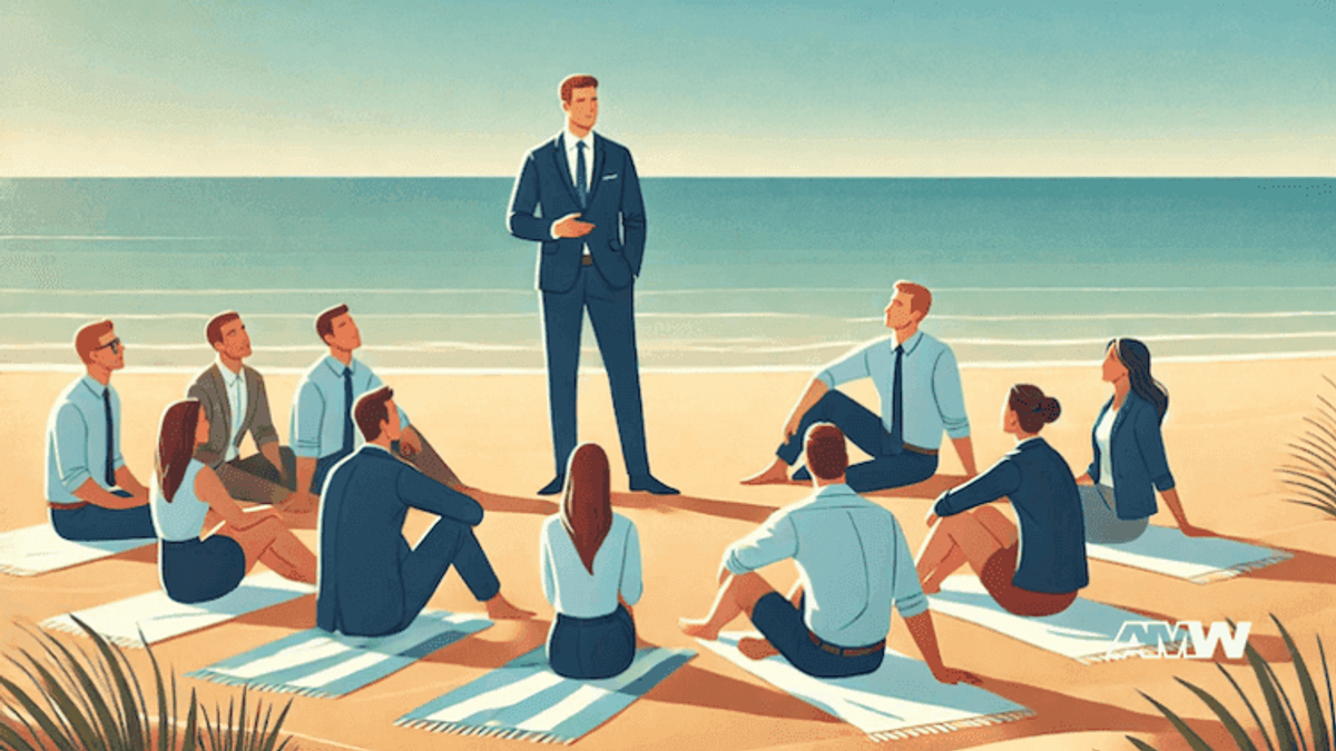 Team meeting on beach with leader.