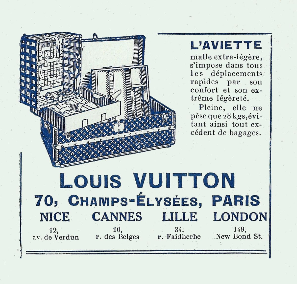 Blue-ink advertisement showing an open trunk covered in the LV Monogram pattern beside text describing L'Aviette, with Louis Vuitton's address at 70 Champs-Élysées