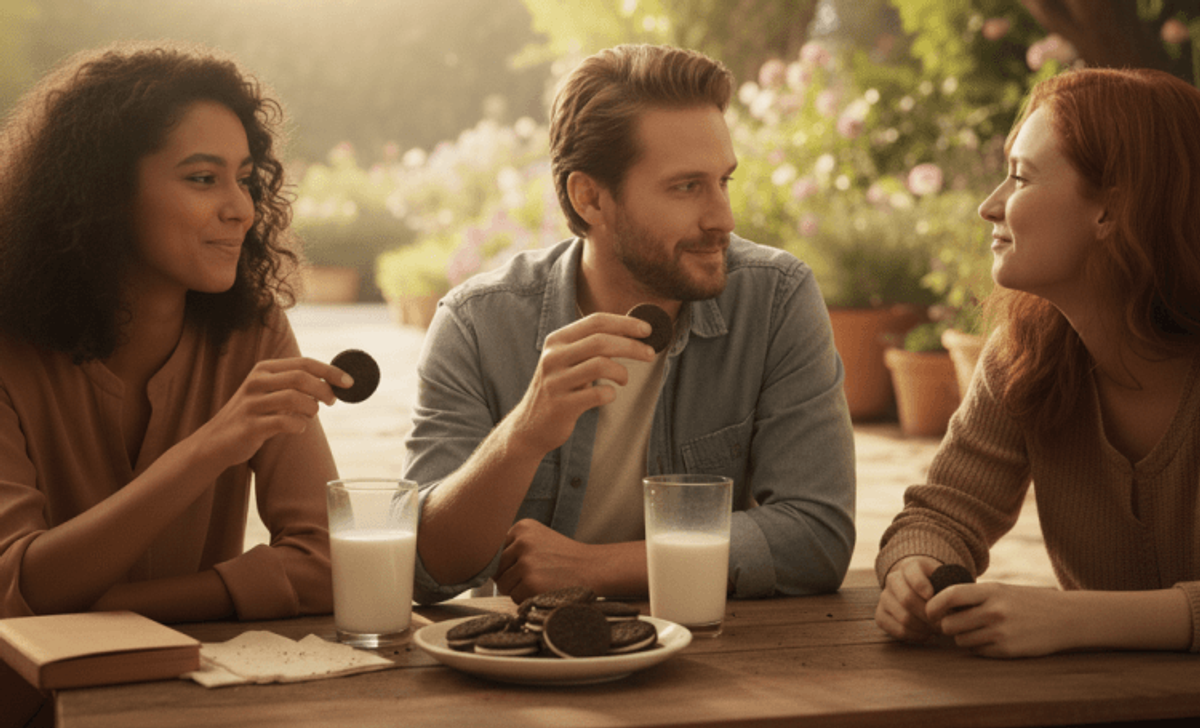 People enjoying cookies and milk outdoors