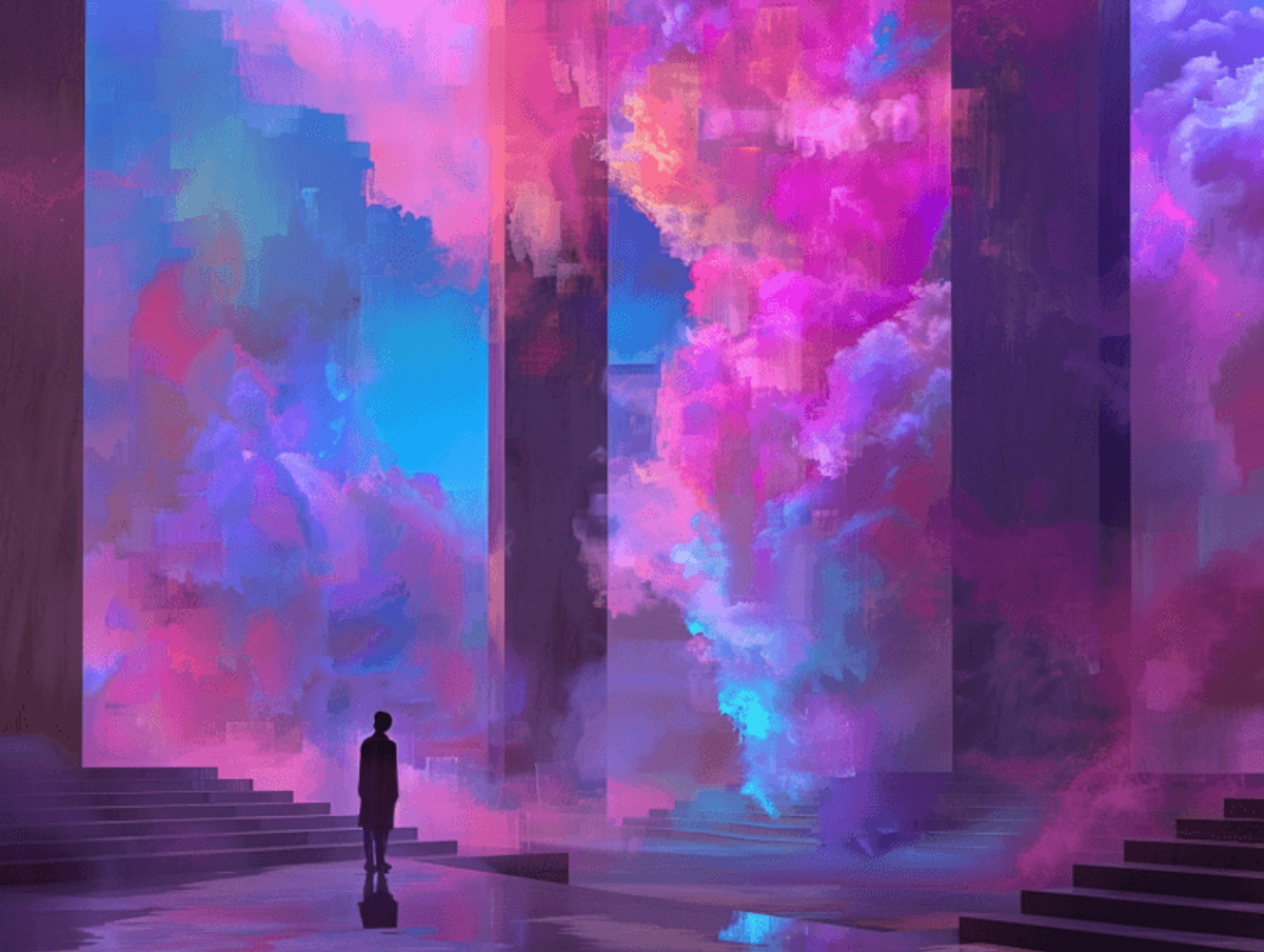 Silhouette in vibrant surreal cloudscape