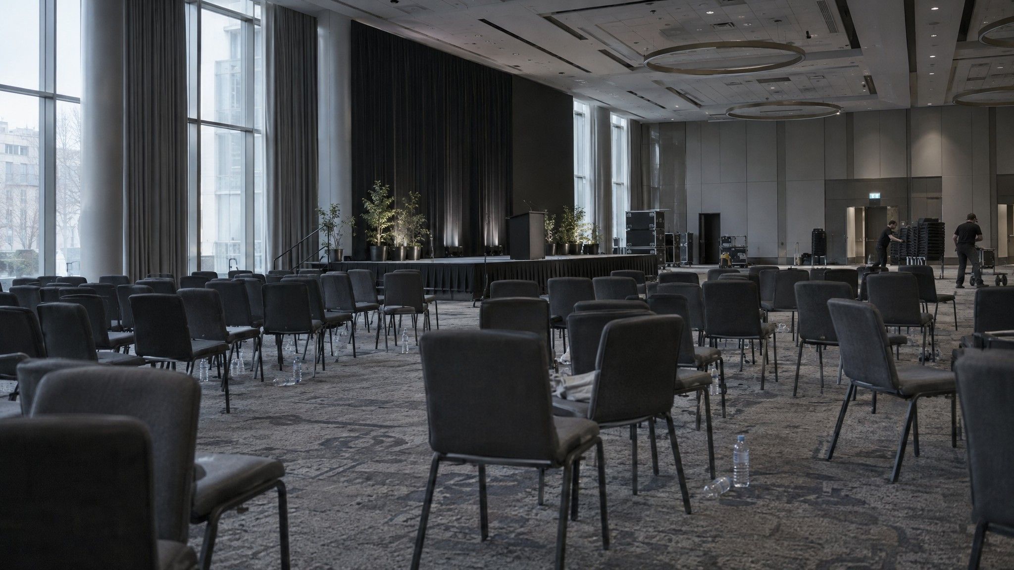 Conference hall the morning after with chairs out of line