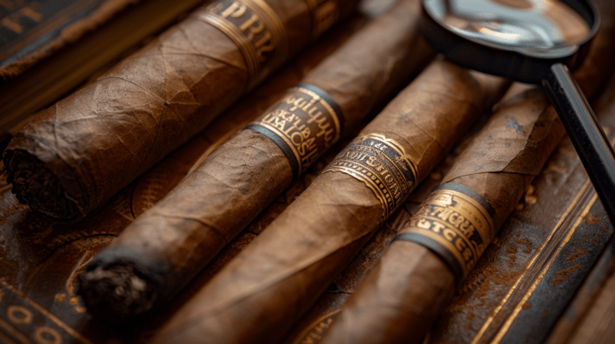 Close-up of cigars with magnifying glass.