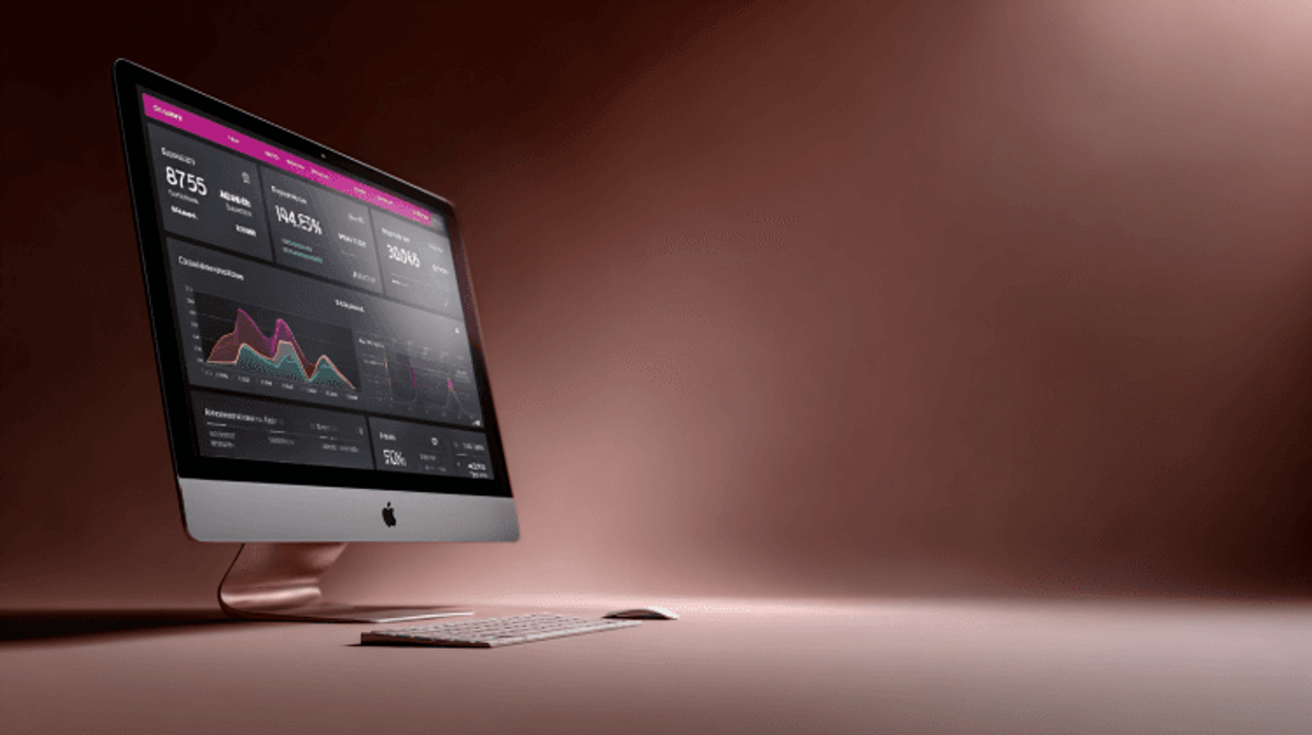 Desktop computer with analytics dashboard display.