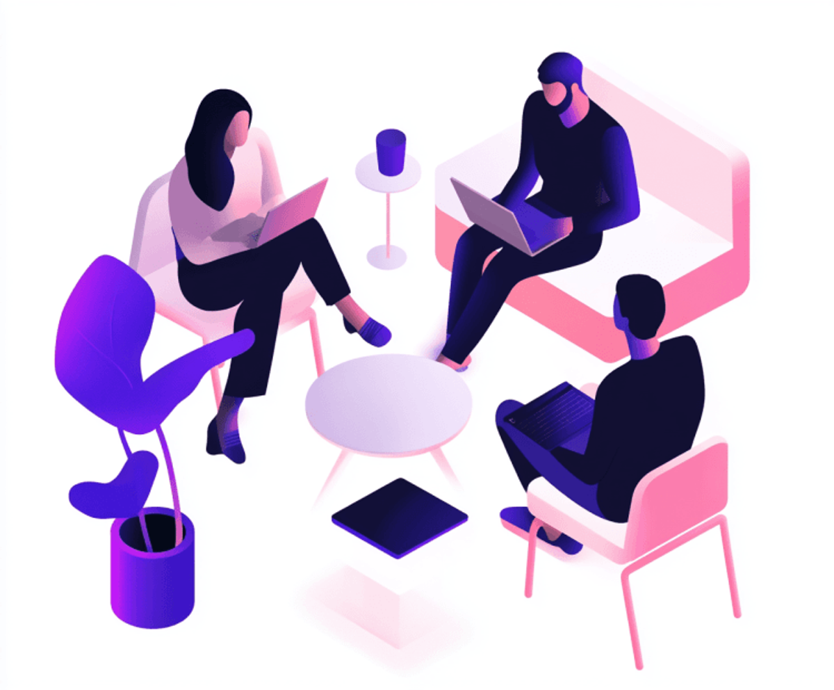 Illustration of three people working on laptops