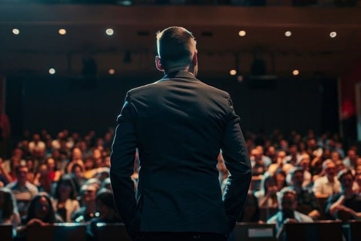 man, crowd, theater, technology professionals, diverse range, networking events, trade show, hotel, business, leading lodging executives