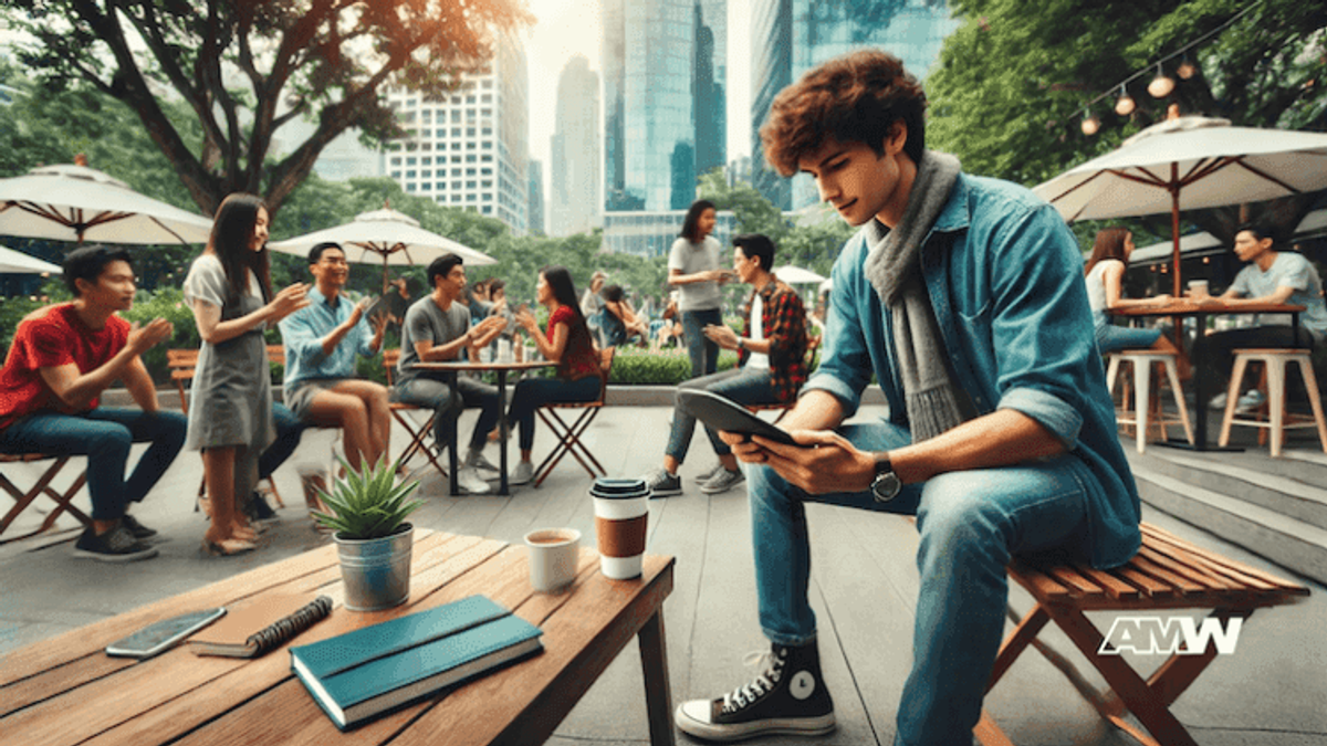 People socializing at an outdoor cafe.