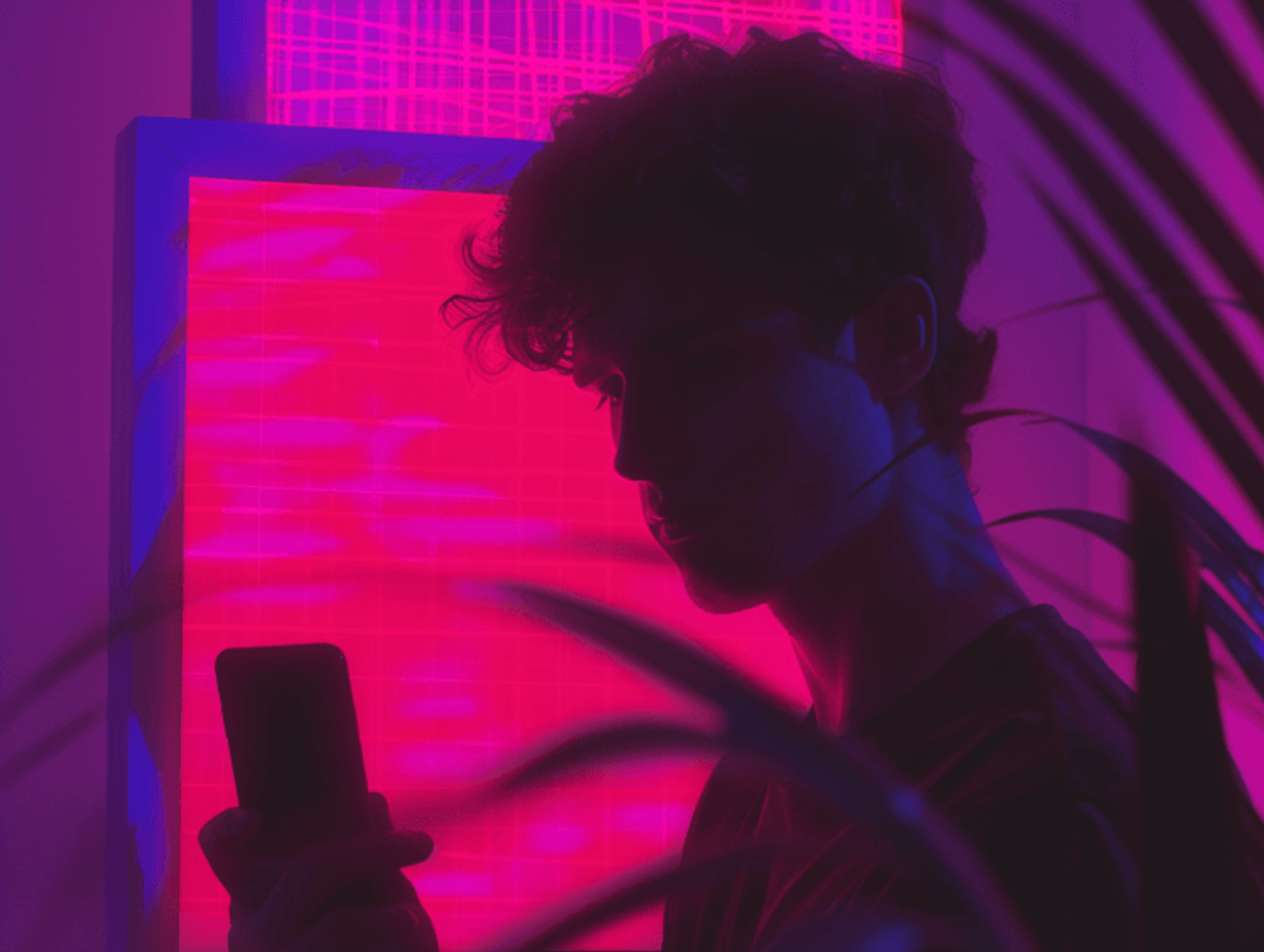Person using phone in pink neon light