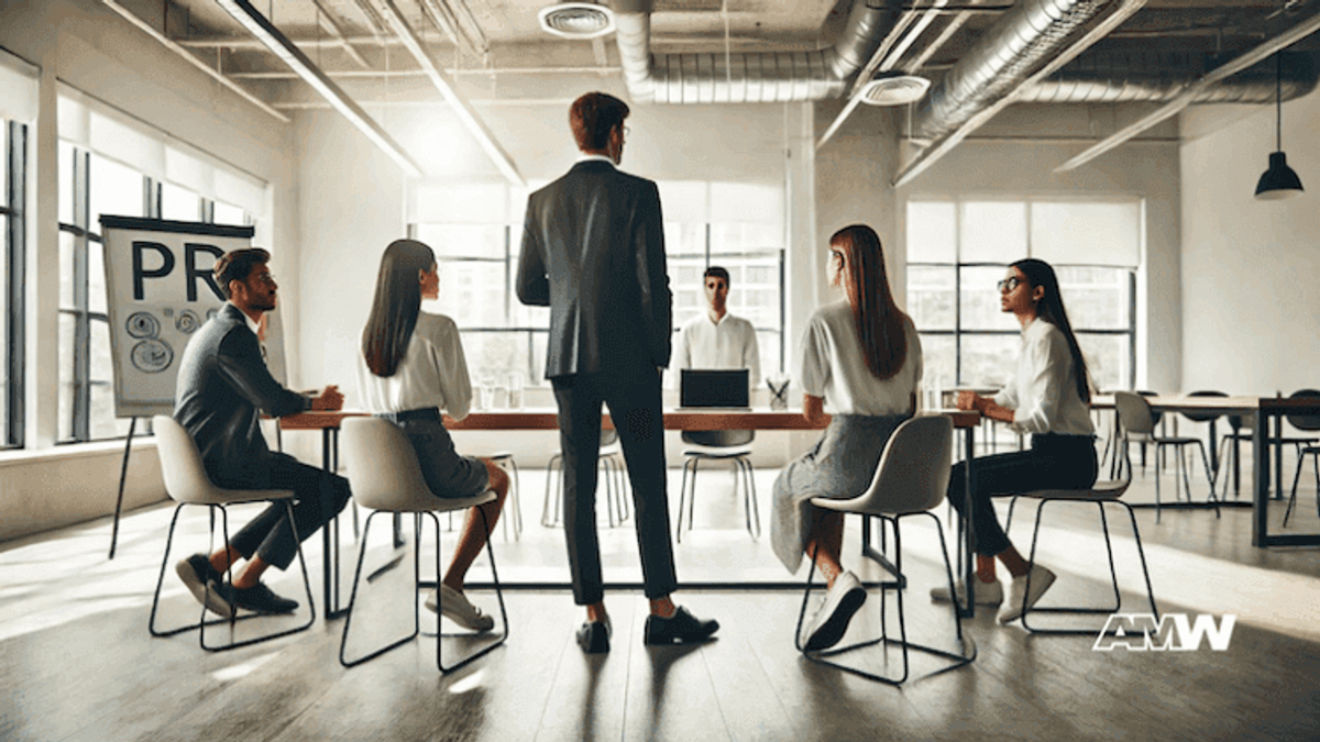 Business meeting in modern office with group discussion.