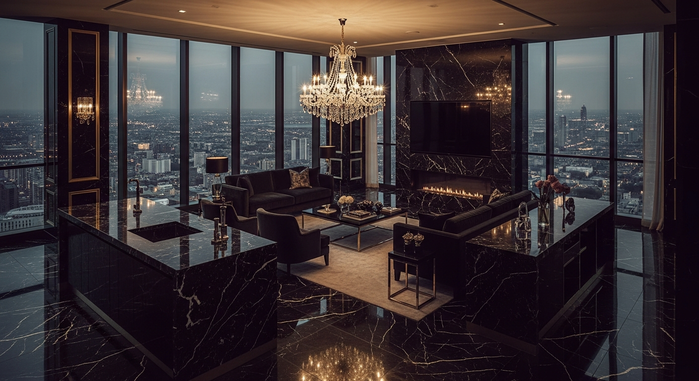 Luxury penthouse interior with city views and premium finishes