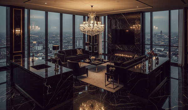 Luxury penthouse interior with city views and premium finishes