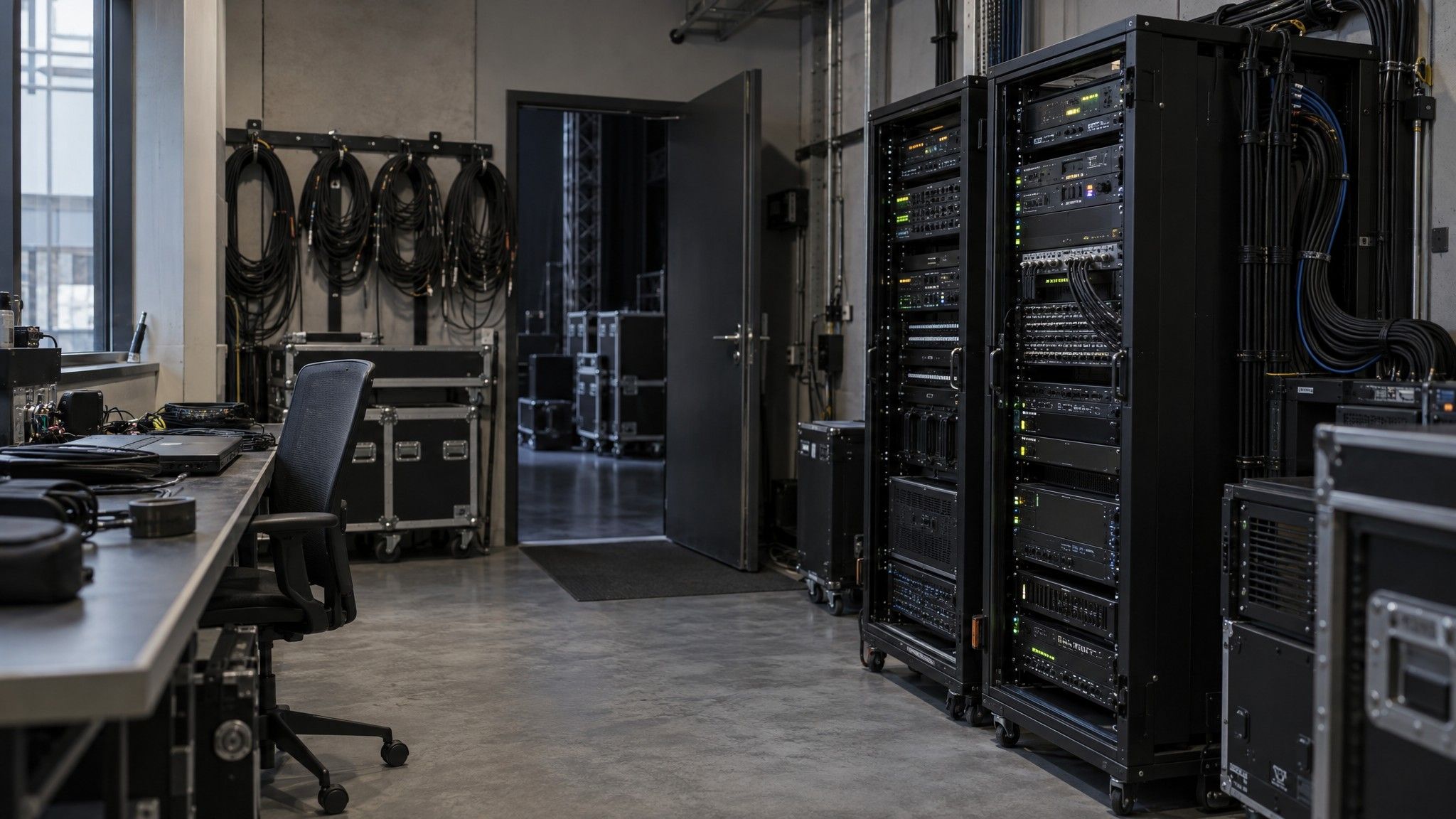 Venue AV equipment room with racks of black gear and bundled cables