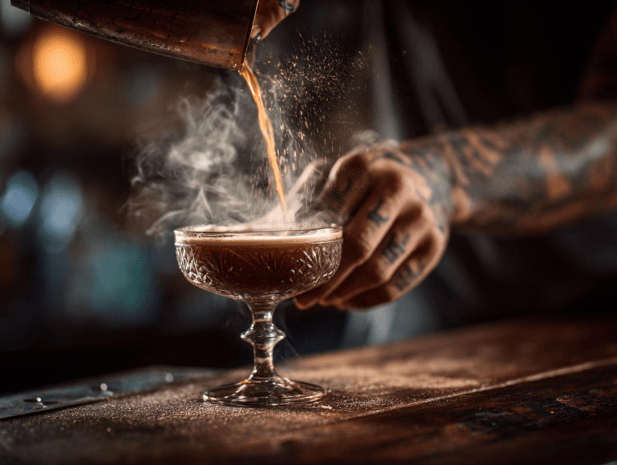 Barista pouring steaming coffee into glass cup.