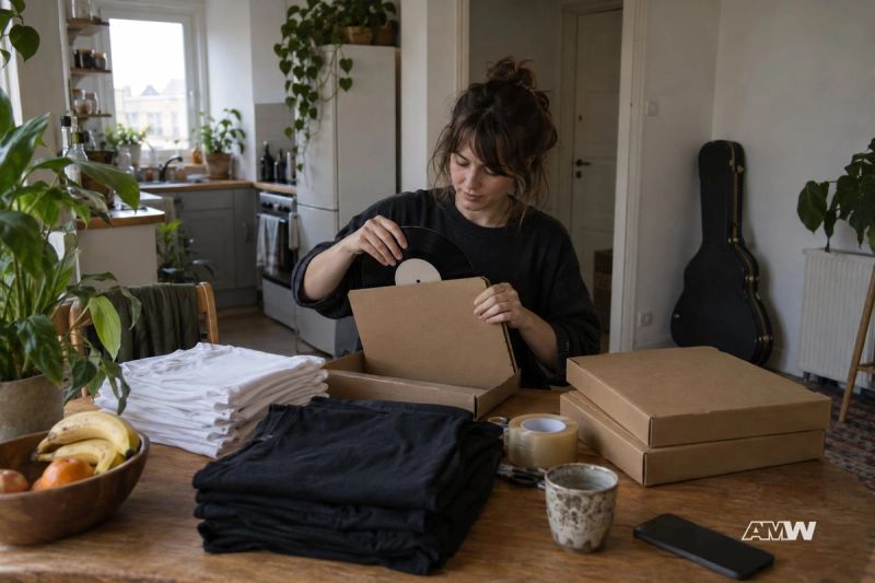 Independent musician packing vinyl records and T-shirts into shipping boxes for fans at her kitchen table