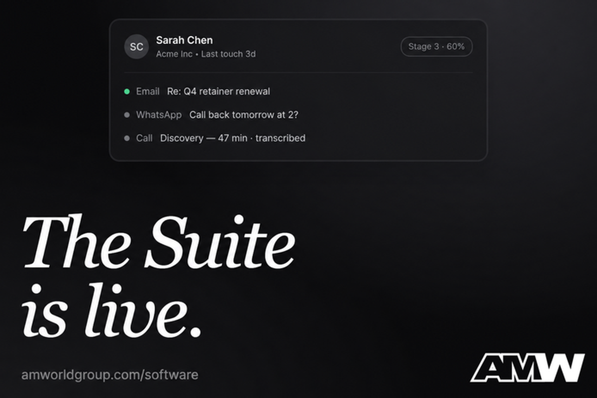 AMW Suite announcement card reading "The Suite is live." above a panel of CRM contact activity