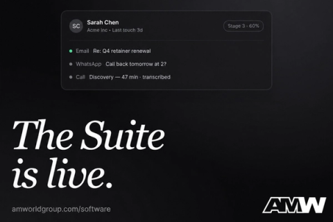 AMW Suite announcement card reading "The Suite is live." above a panel of CRM contact activity