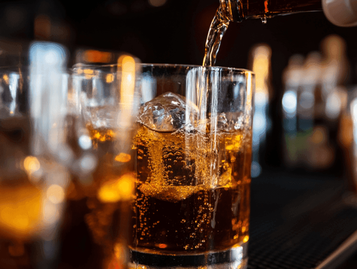 Cola being poured into a glass with ice.