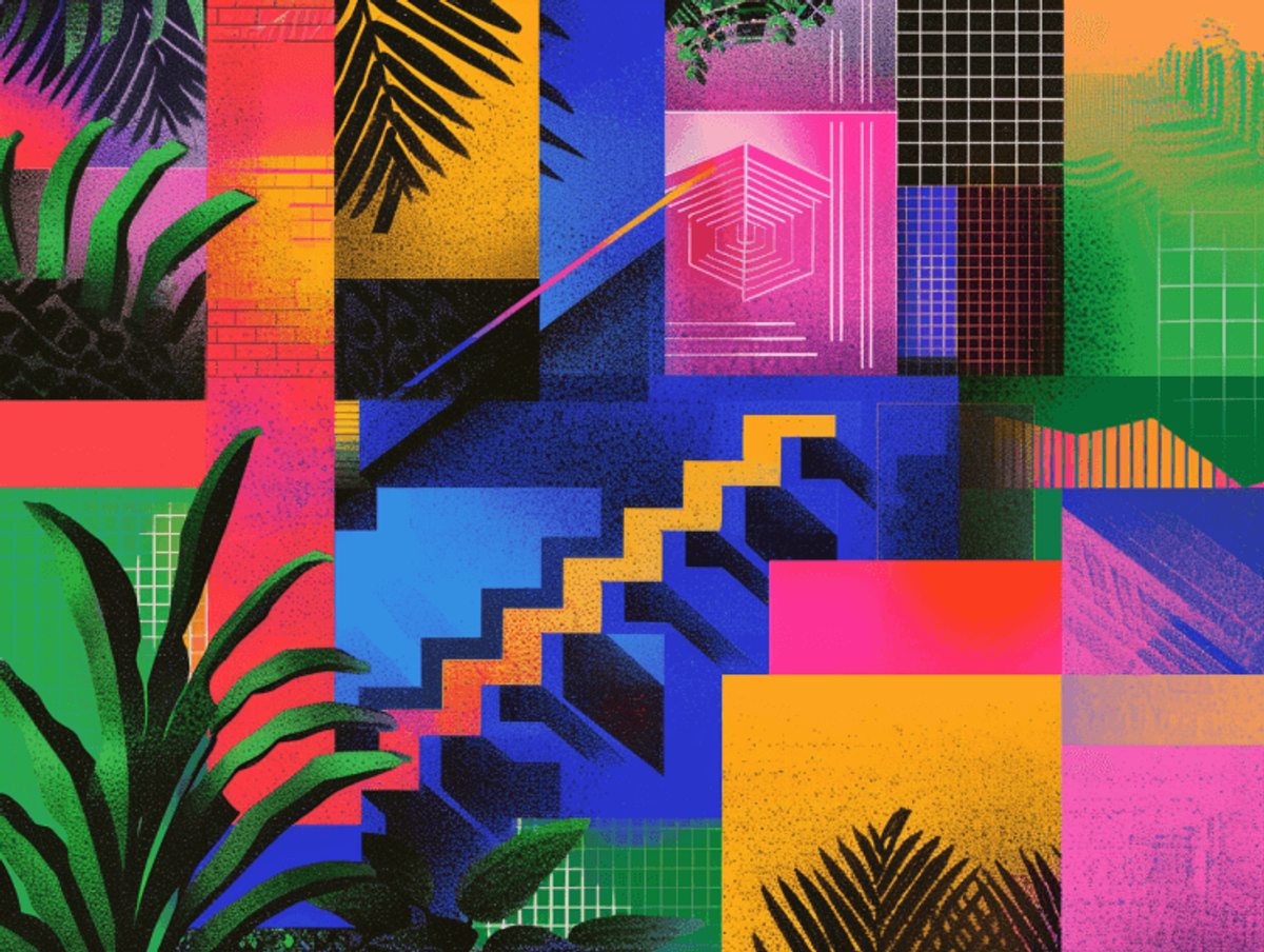 Vibrant abstract geometric design with tropical elements.