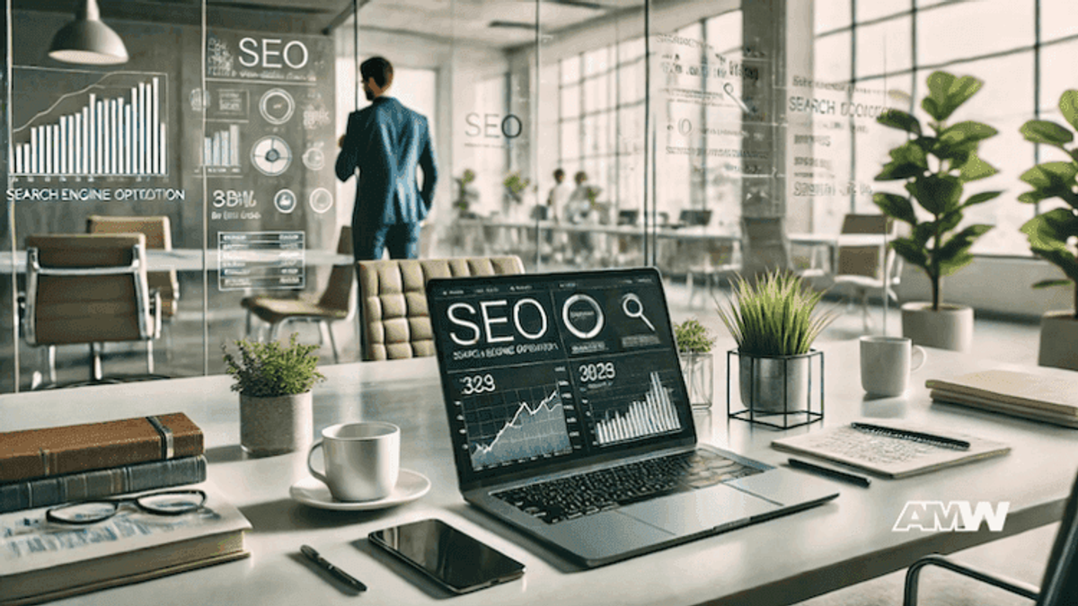 Office with SEO analytics on laptop screen.