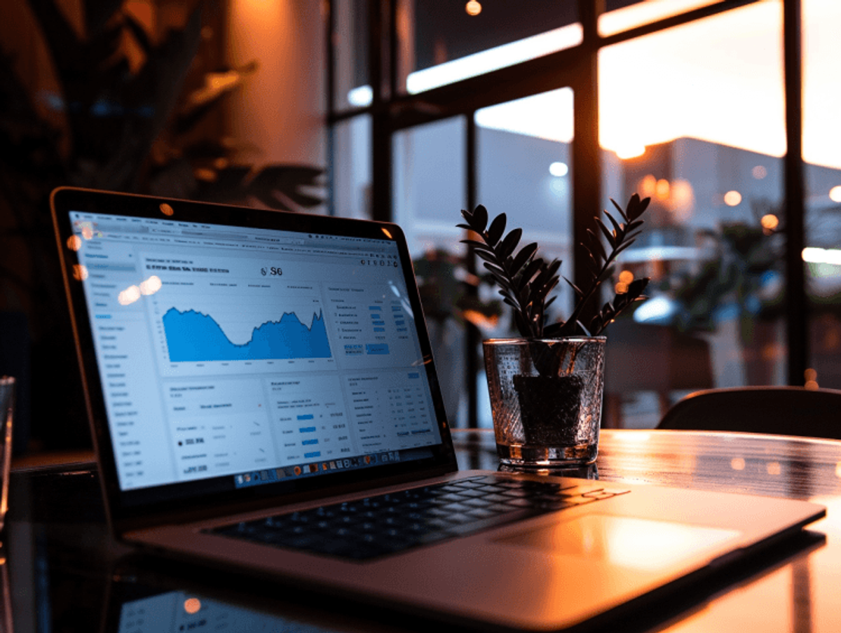 Laptop displaying financial graphs on screen.