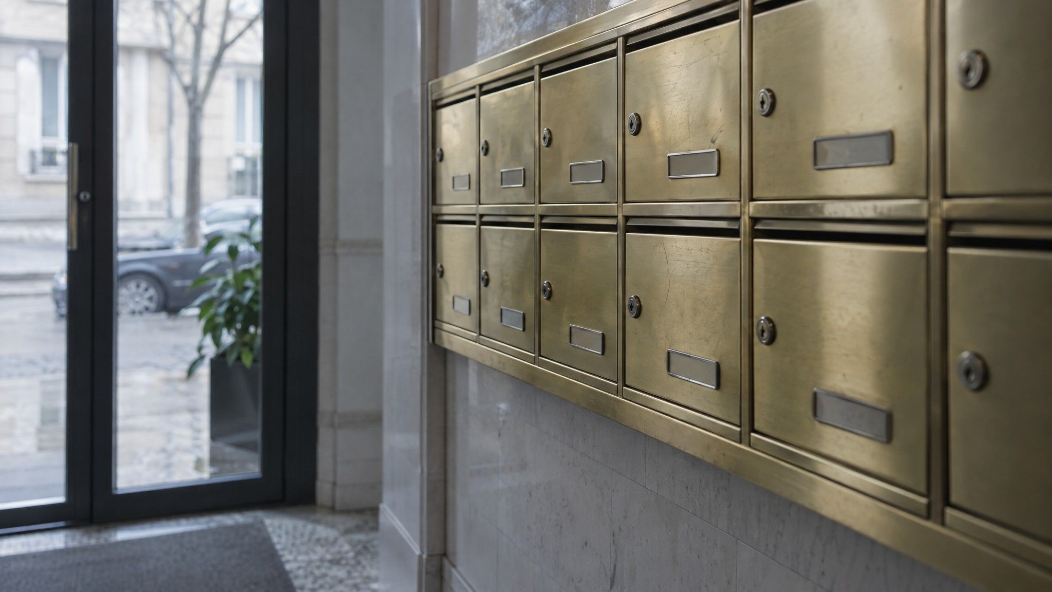 Row of closed brass mailboxes in an apartment lobby