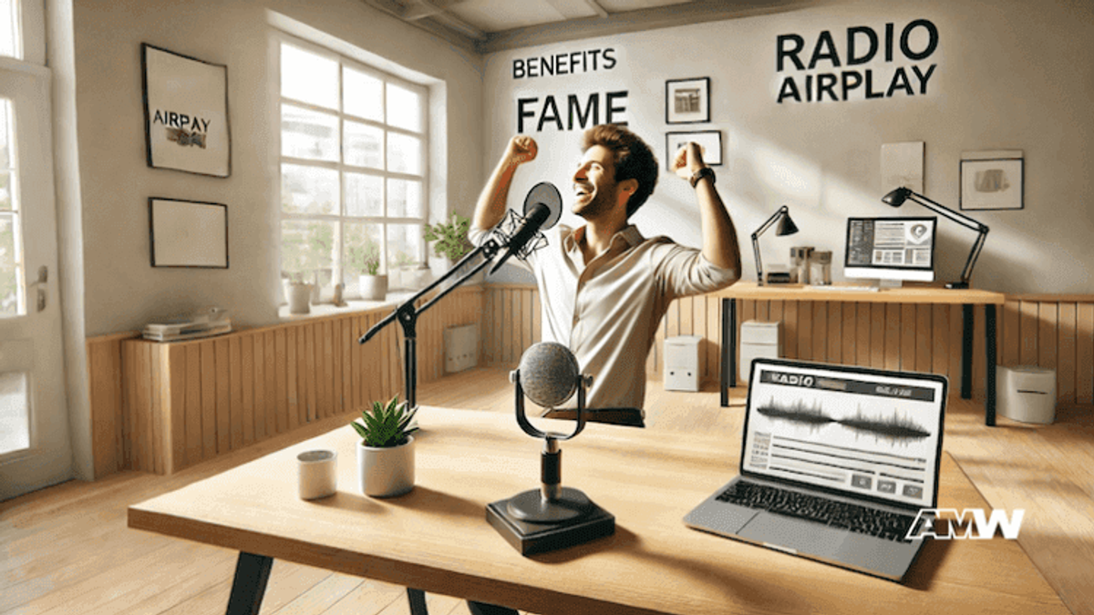 Podcaster celebrating in radio studio