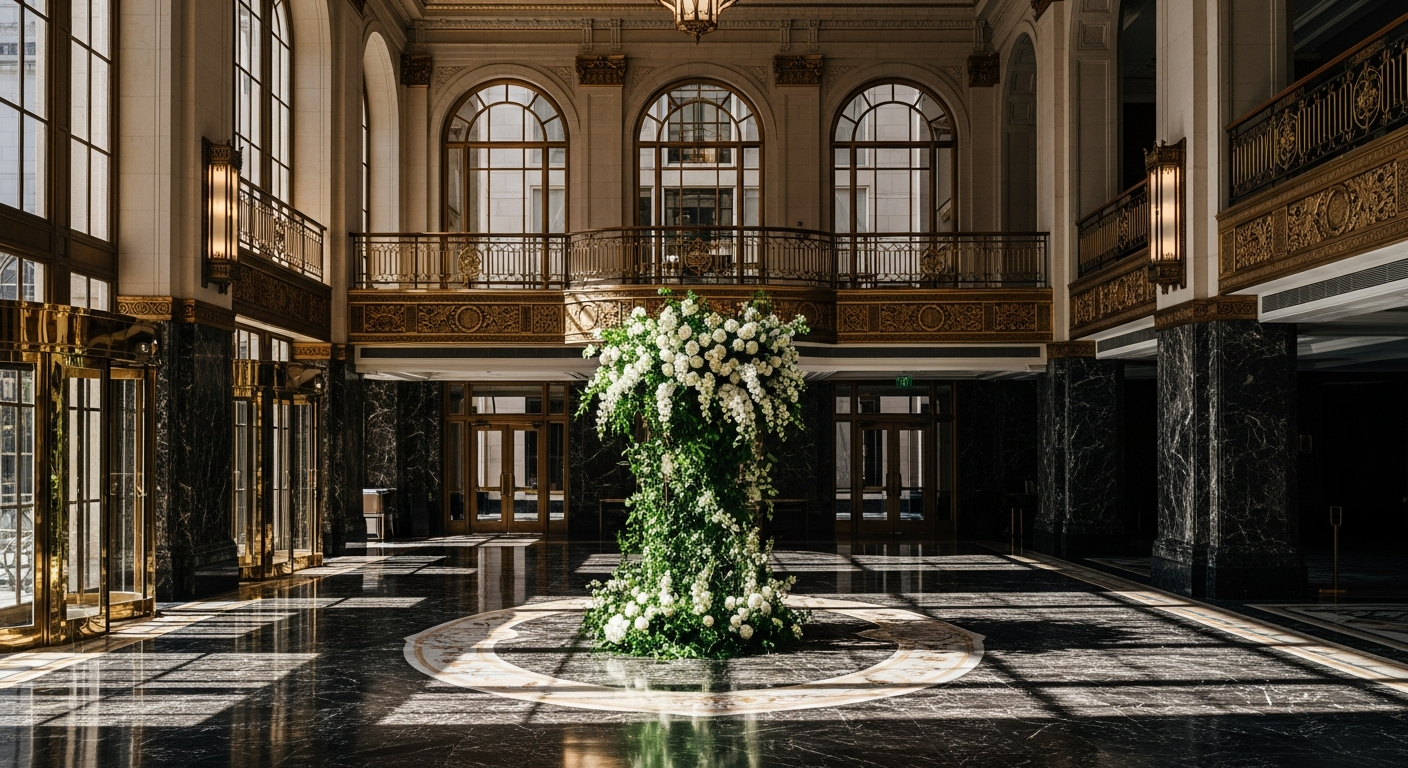 Luxury ballroom lobby with dramatic floral installation