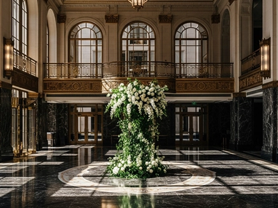 Luxury ballroom lobby with dramatic floral installation