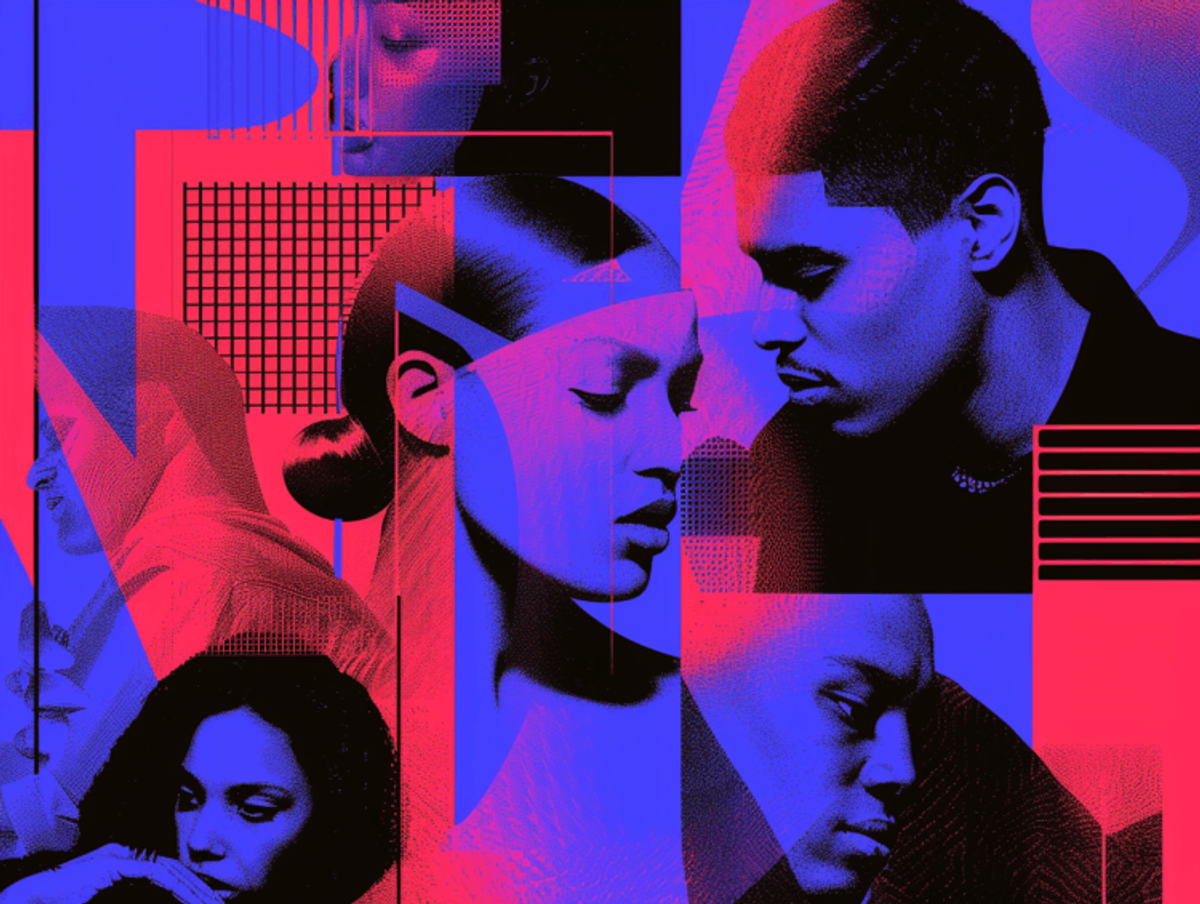 Colorful abstract collage of diverse faces and shapes.