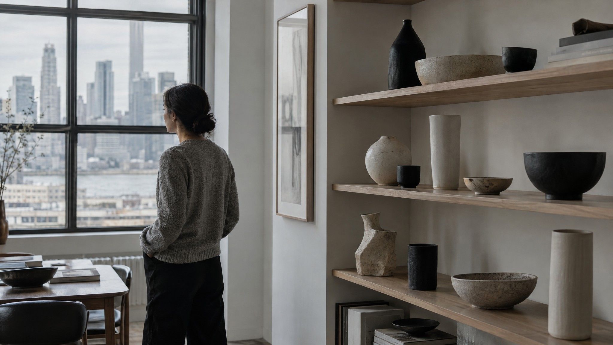 Shelf of black, white and stone ceramic vessels in a studio