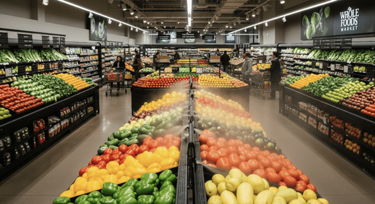 Colorful fresh produce in grocery store aisle.