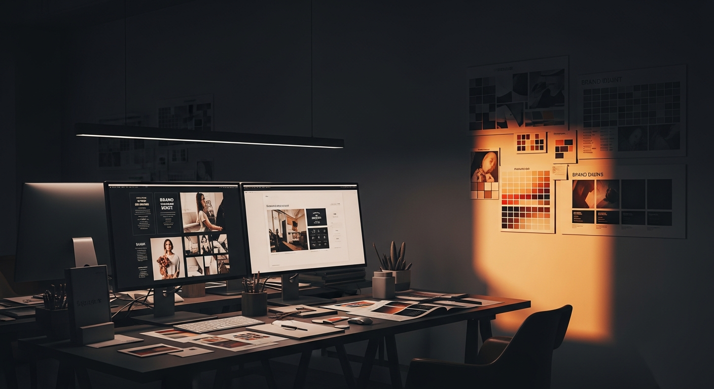 Modern creative agency workspace with brand identity designs and mood boards