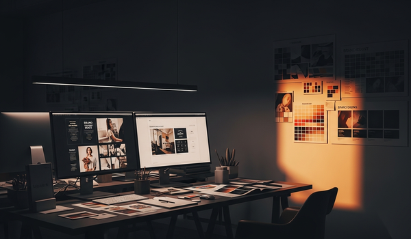 Modern creative agency workspace with brand identity designs and mood boards