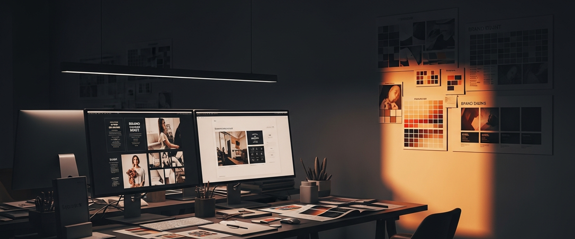 Modern creative agency workspace with brand identity designs and mood boards
