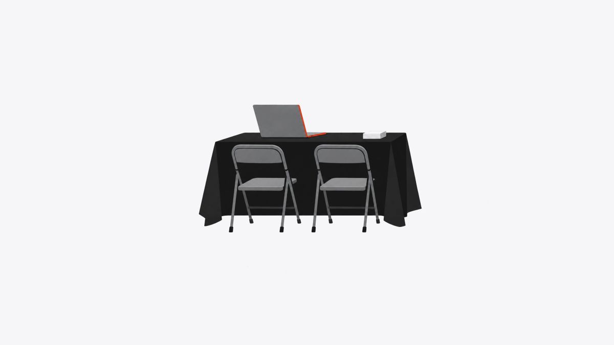 Illustration: A demo that sells itself earns its square of floor laptop demo; folding chairs; card stack. Two people, four square metres, three days.