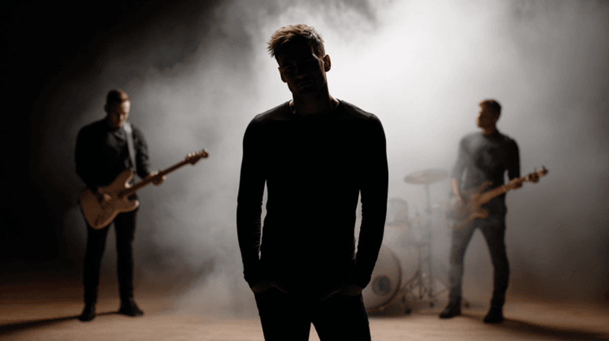 Silhouetted band performing on a smoky stage