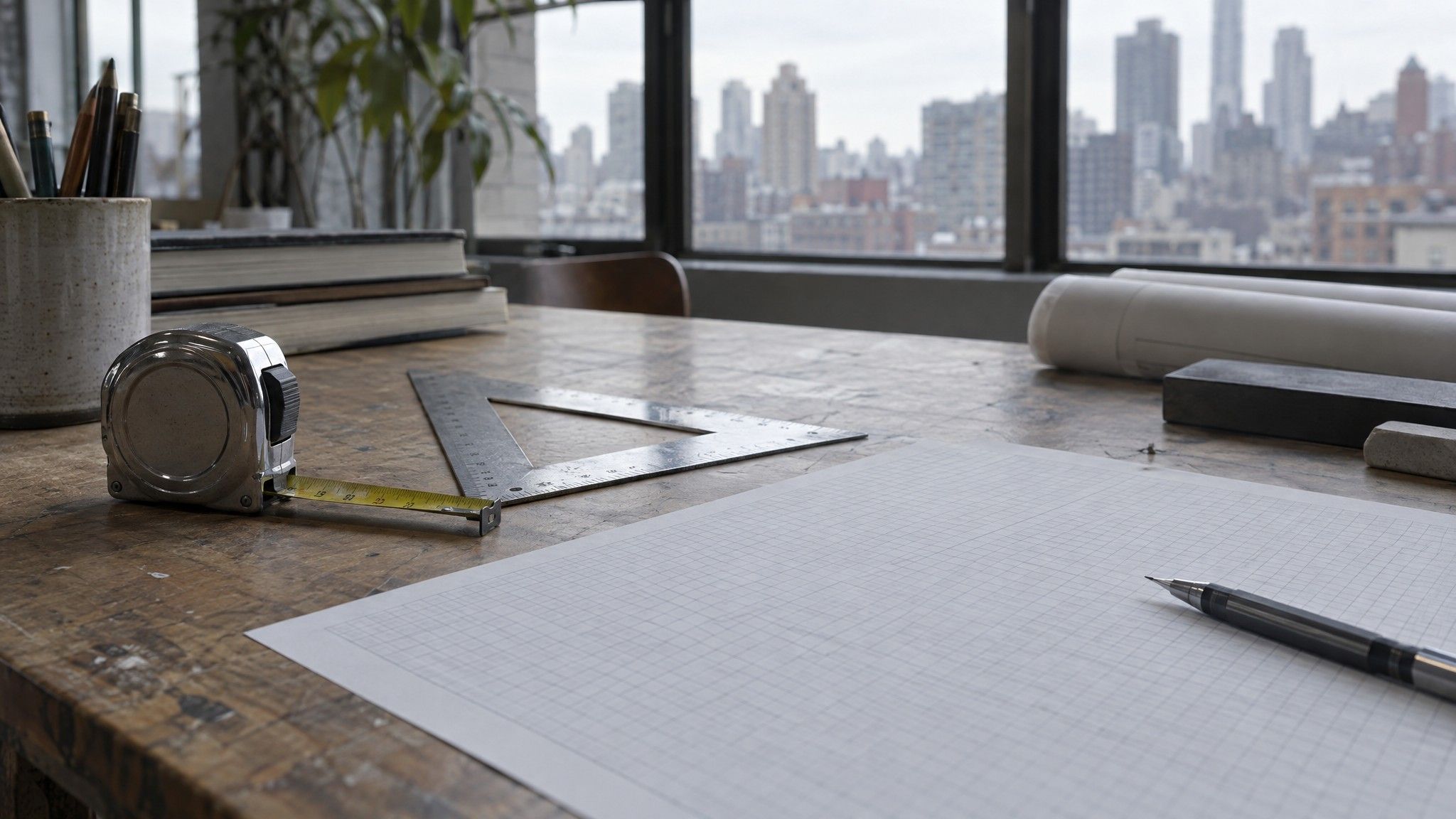 Tape measure, set square and blank graph paper on a drafting table