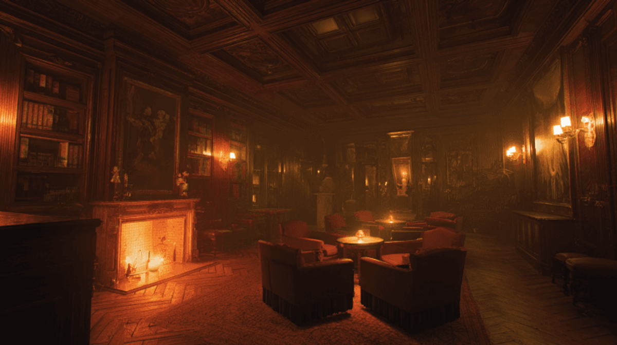 Luxurious library with fireplace and armchairs