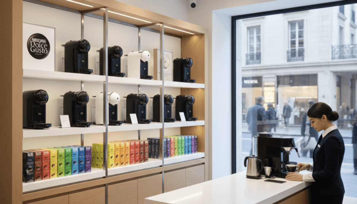 Store display of coffee machines and colorful boxes.