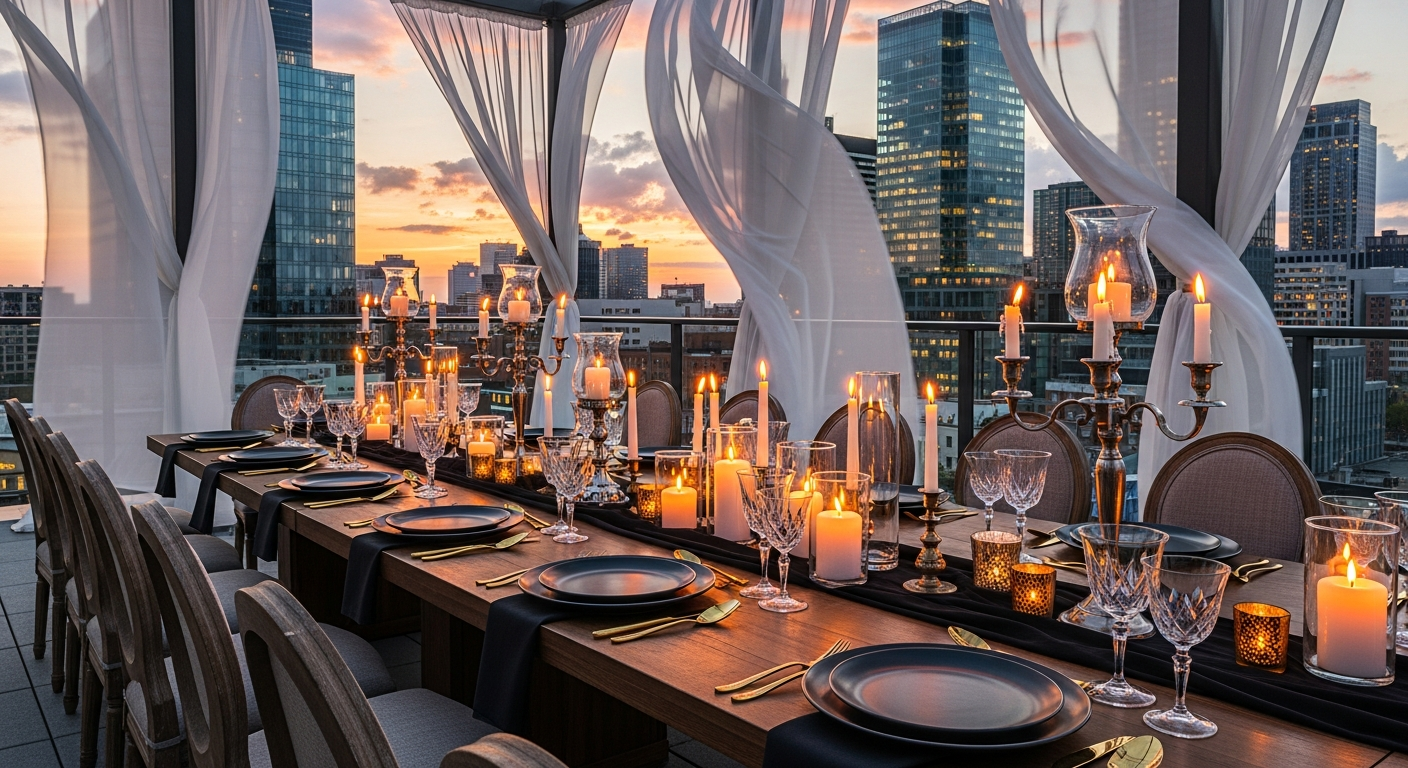 Luxury outdoor event terrace with candlelit dining and city skyline at sunset