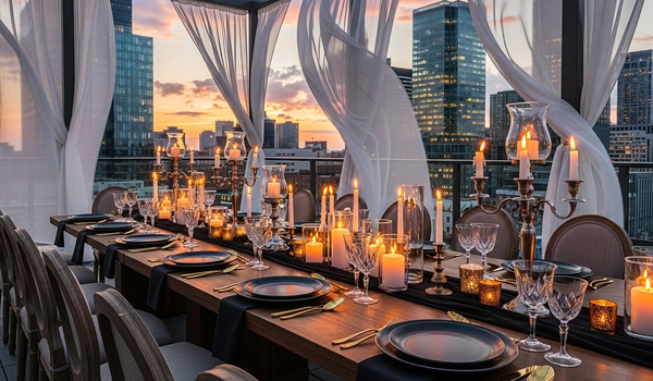 Luxury outdoor event terrace with candlelit dining and city skyline at sunset