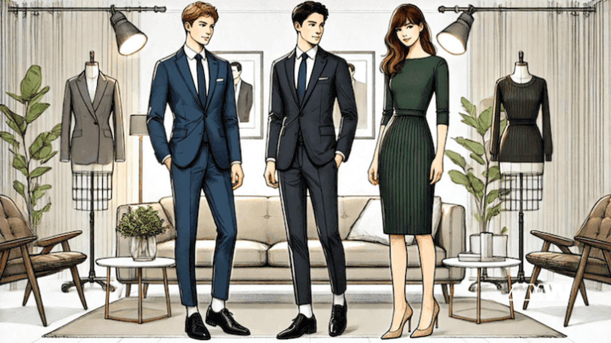 Fashionably dressed models in a stylish showroom.