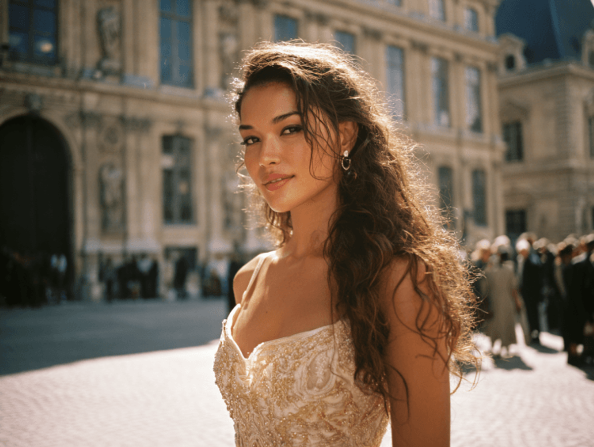 Elegant woman outside ornate building in sunlight.