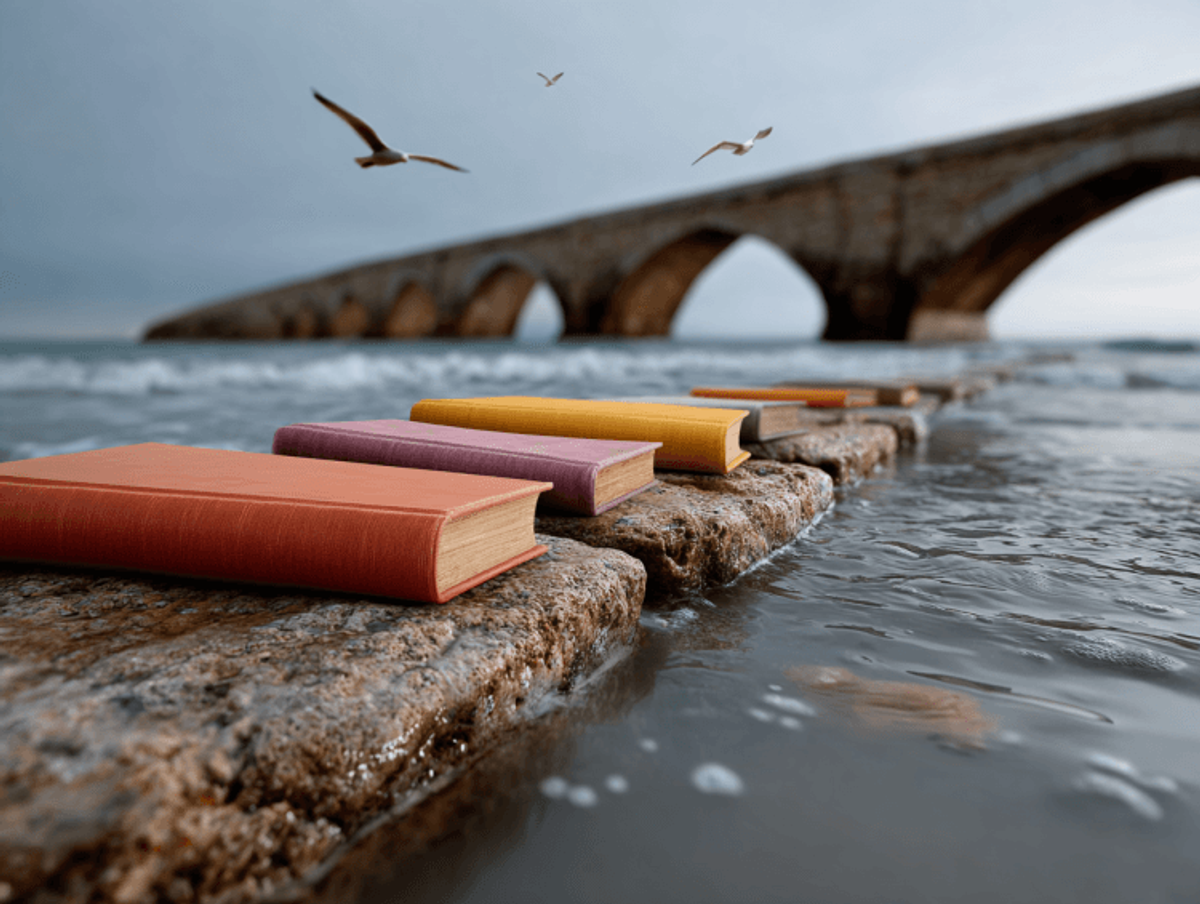 Books on stones leading to ocean bridge.