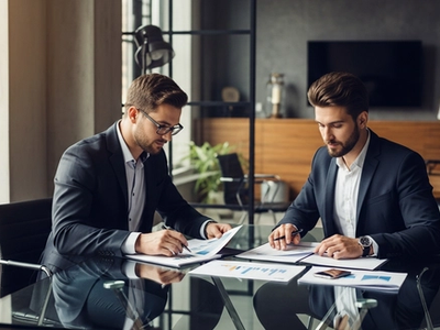 Two marketing professionals in dark attire reviewing a presentation at a luxury glass desk with natural light