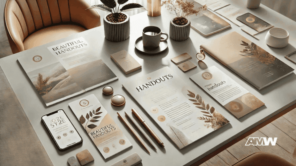 Elegant desk setup with handouts and stationery items.